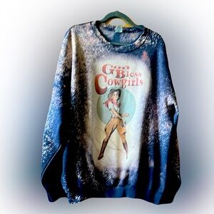 God Bless Cowgirls Vintage Grey Oversized Graphic Women's Sweater Boho Western